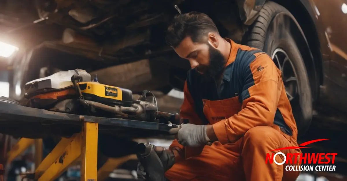 An auto repair mechanic working in an auto repair garage.