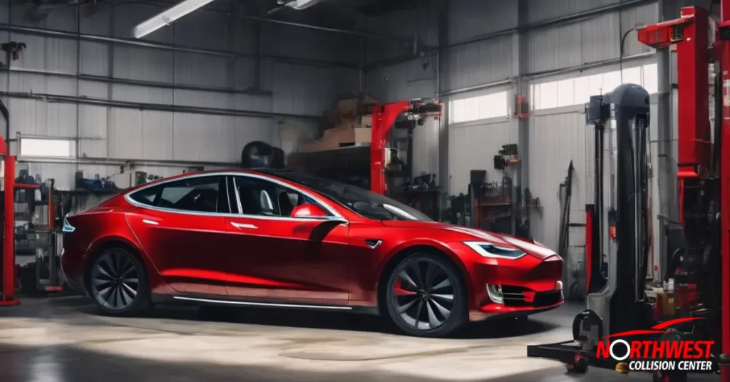 A Tesla in an auto repair garage