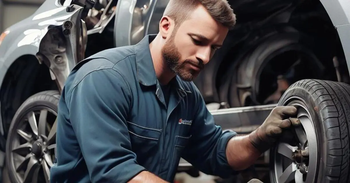 A mechanic fixing a car tire