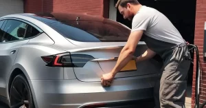A mechanic fixing a Tesla car
